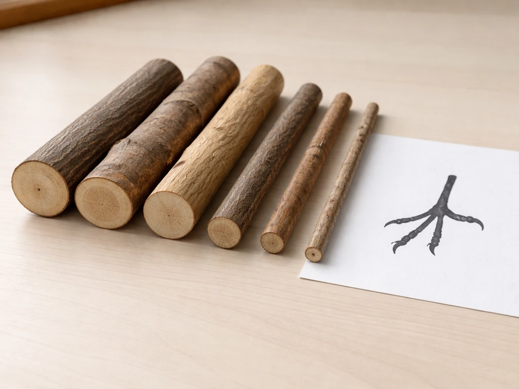 Smooth dowels of varying thickness beside a simple bird foot silhouette on a clean tabletop.