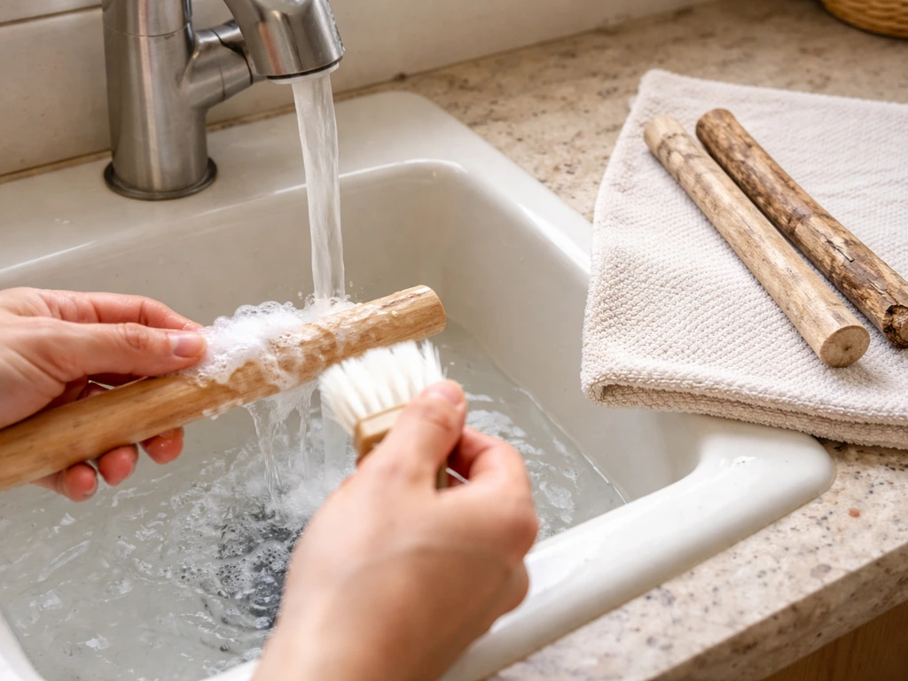 Hands scrubbing and rinsing a wooden perch in a basin, with a worn spare perch beside it.