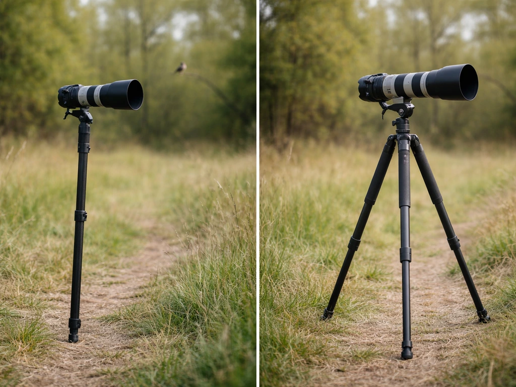 Monopod and tripod side-by-side in a park, each holding a long birding lens for perched birds.
