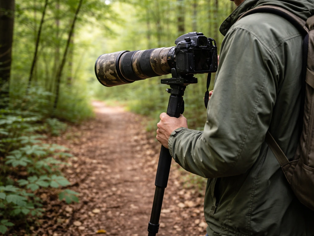 Bird photographer using a monopod while walking a forest trail, camera braced for quick moving shots.
