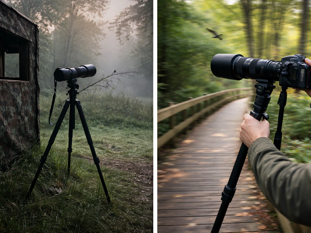 Two contrasting birdwatching setups: tripod at dawn for a perched bird, monopod tracking across a woodland boardwalk.