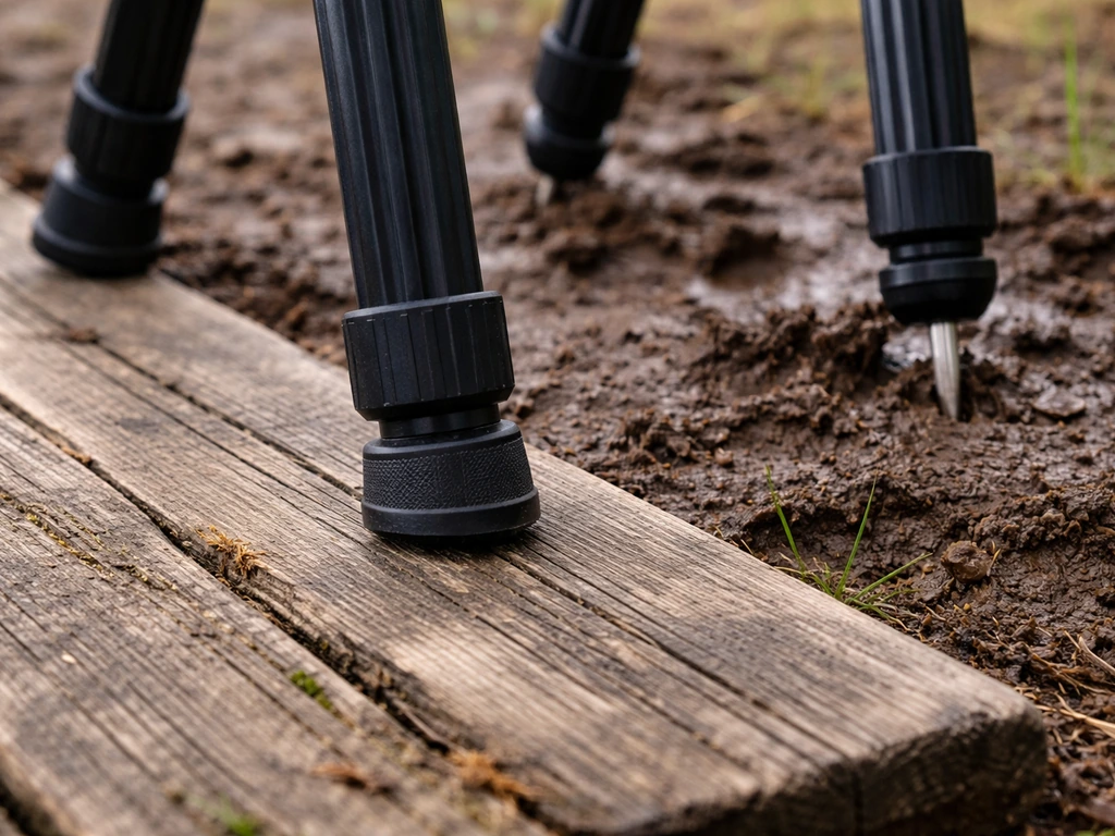 Close-up of tripod feet: rubber on a wooden boardwalk and metal spikes in muddy ground.