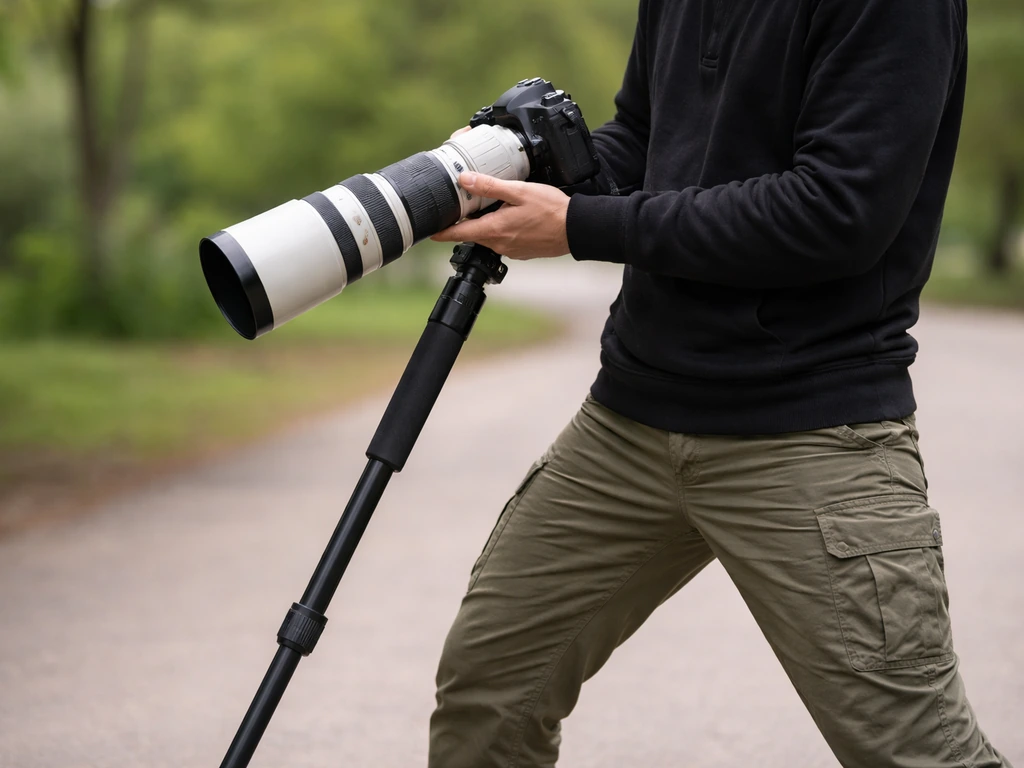 Photographer using a monopod: feet apart, monopod angled away for stability, steady hands on a long lens.