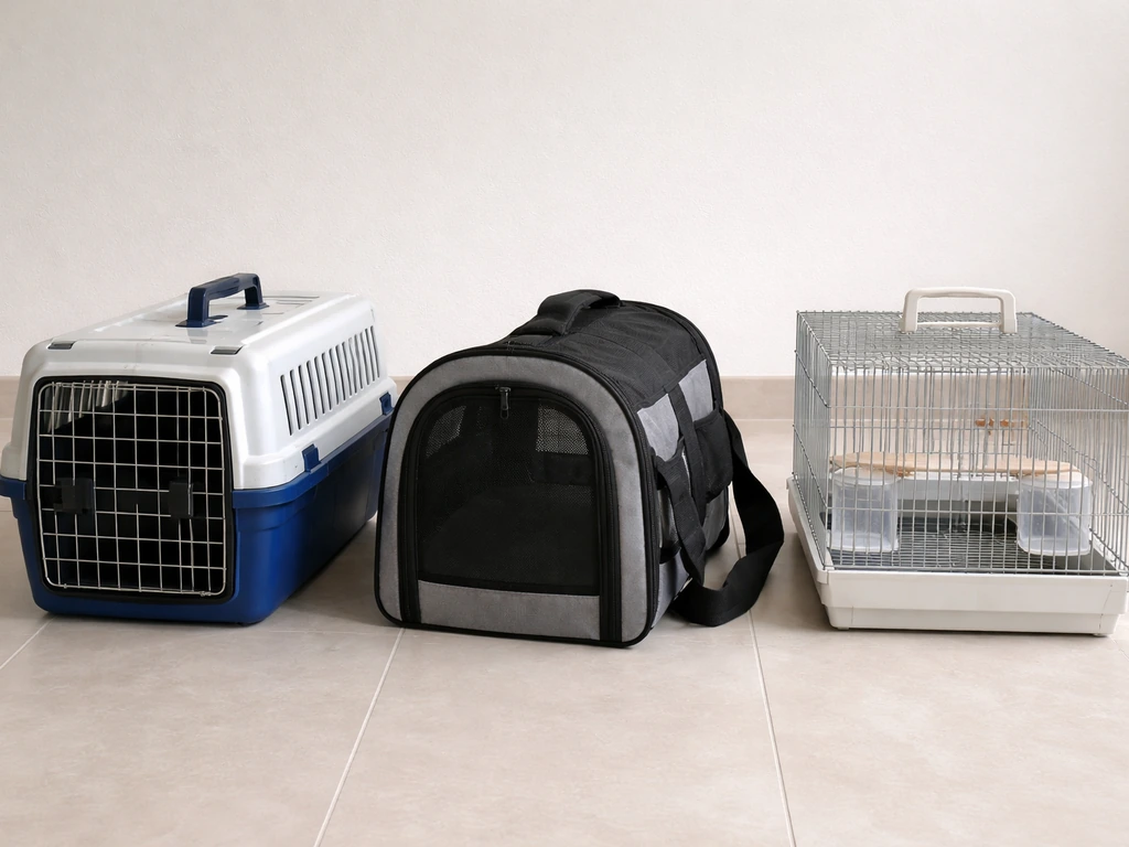 Three bird carriers side by side: rigid hard box, soft-sided carrier, and wire cage for travel and vet visits.
