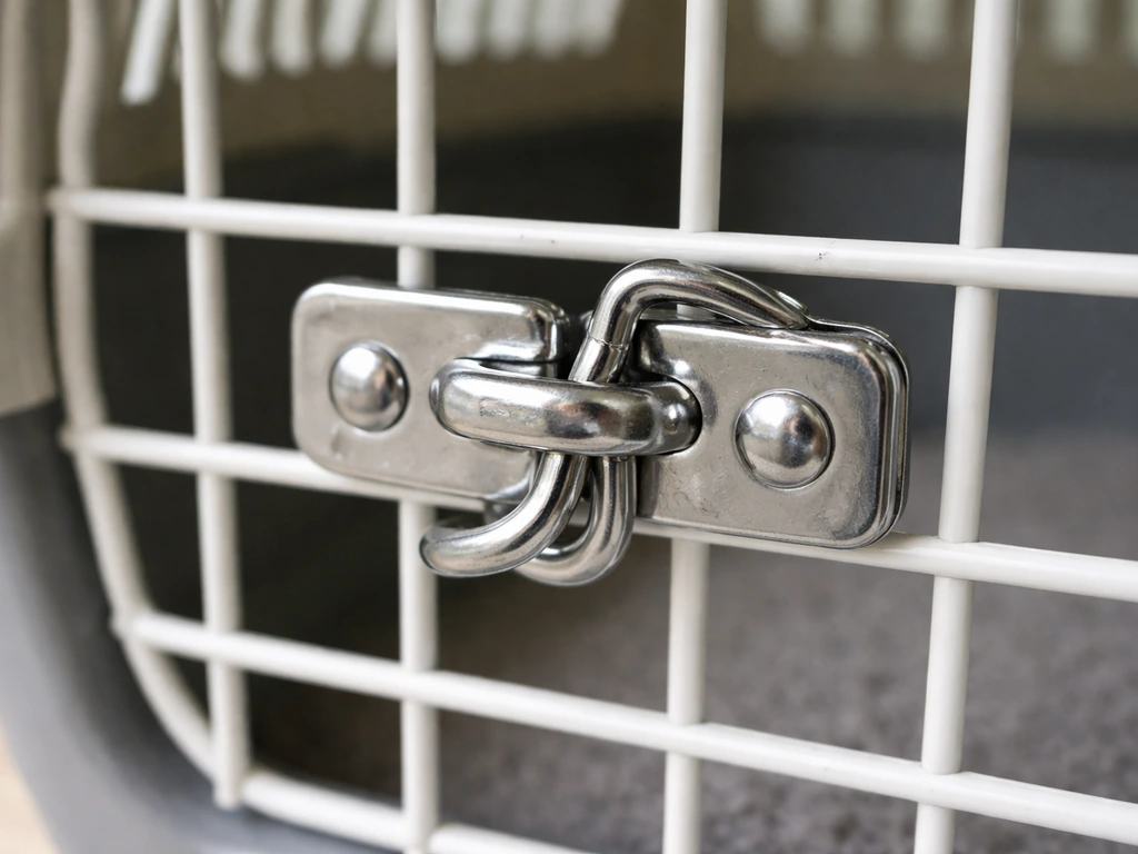 Close-up of a bird carrier latch/lock secured and fully fastened, showing escape-proofing details.