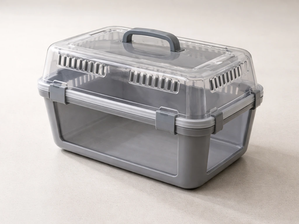 Close-up of an air-travel plastic container showing upper-side ventilation openings on multiple sides.
