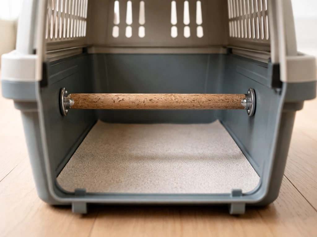 Open bird carrier interior showing a securely mounted perch above stable, non-slippery flooring.