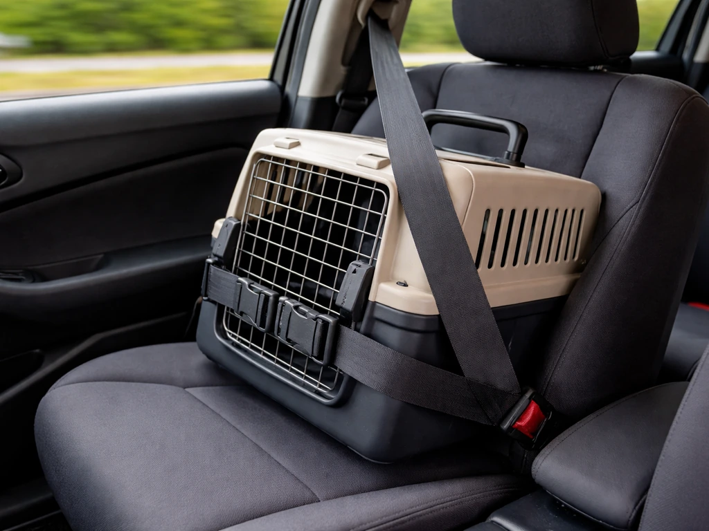Securely seatbelt-strapped pet carrier in a car, showing stability during transport with no people.