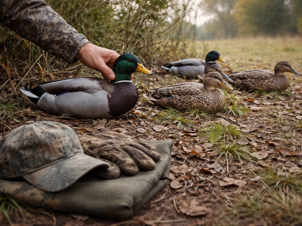 Lifelike bird decoys spaced in low grass while a hand sets one in place in a woodland edge.