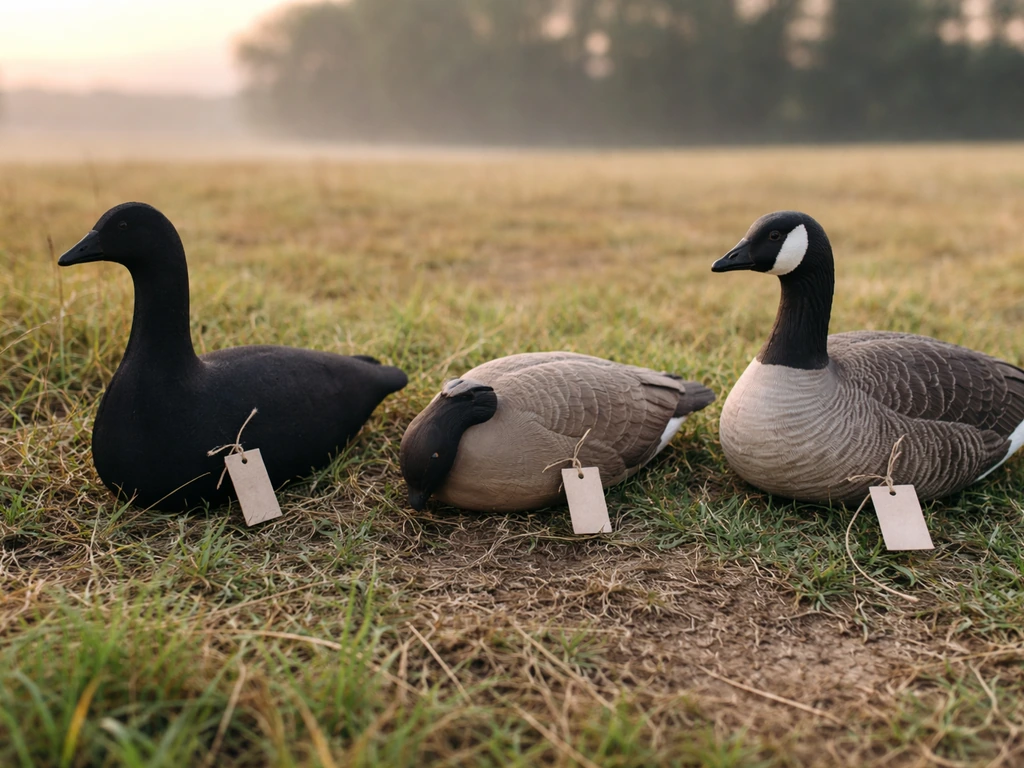 Three static bird decoys (silhouette, shell-style, full-body) laid out side-by-side on grass.