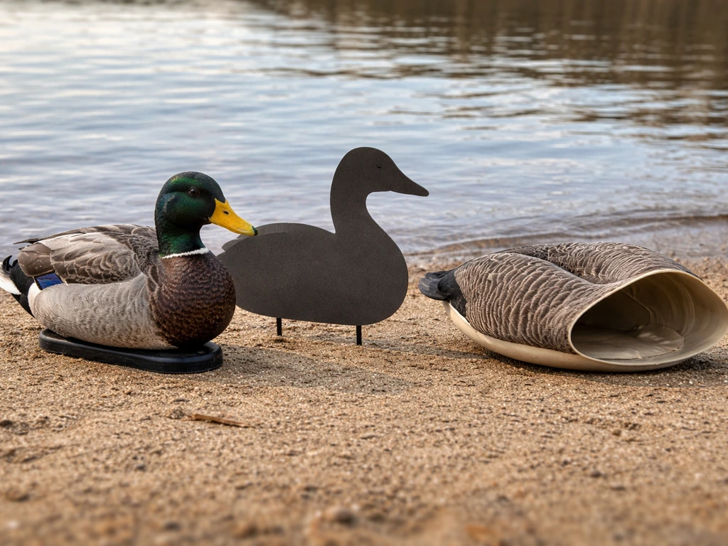 Side-by-side close-up of full-body, silhouette, and shell decoys with clear profile differences.