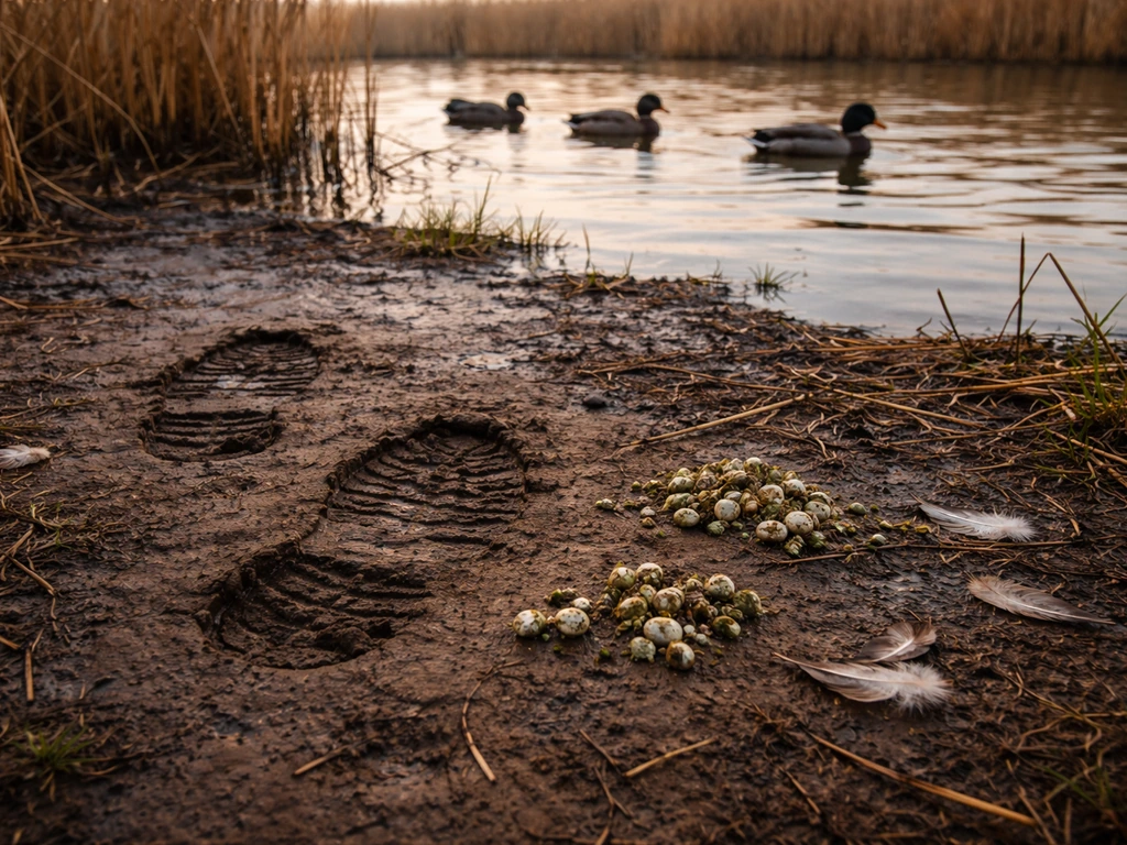 Boot tracks and waterfowl droppings near shallow marsh water with decoys visible offshore at dawn.