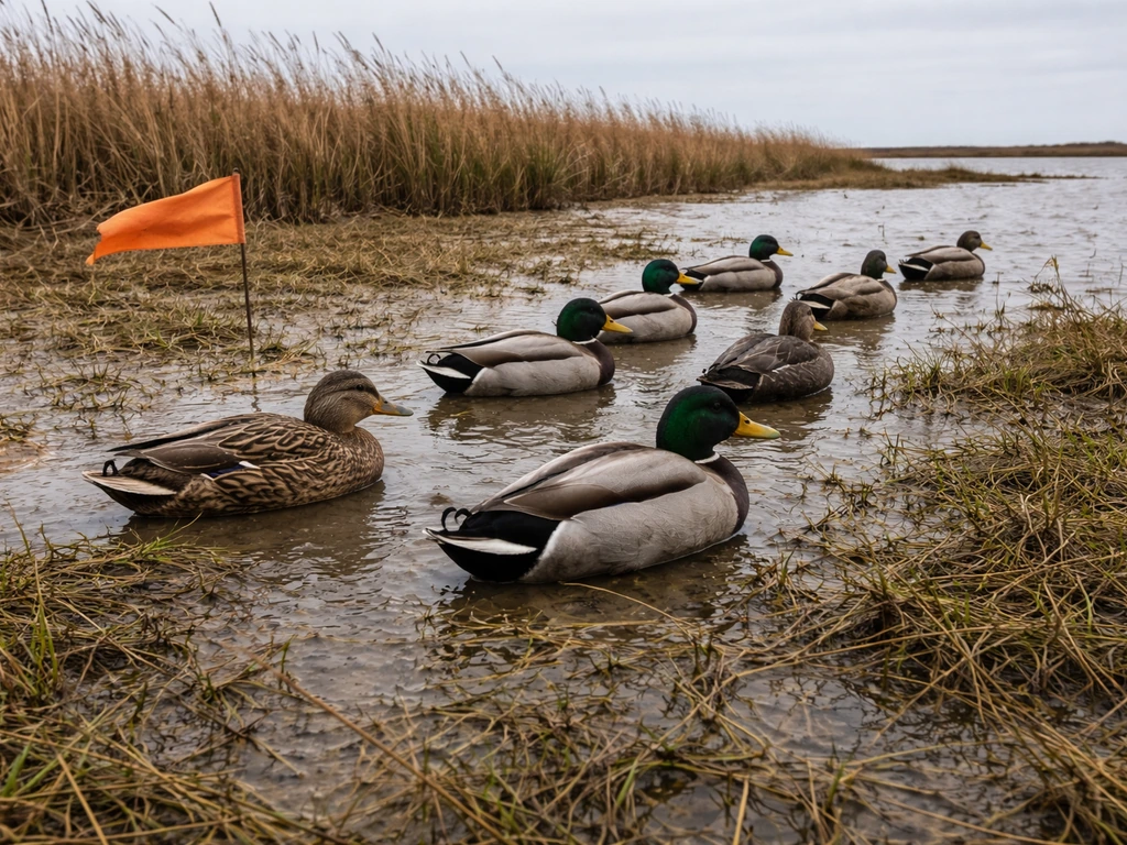 Duck decoy spread aligned into the wind with a small flag marker and birds facing direction.
