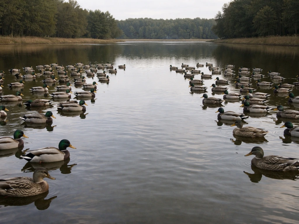 Duck decoys arranged with an open landing lane in front on a calm pond, showing safe placement structure.