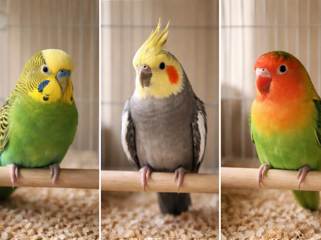 Budgerigar, cockatiel, and lovebird perched side-by-side in simple starter bird setups.