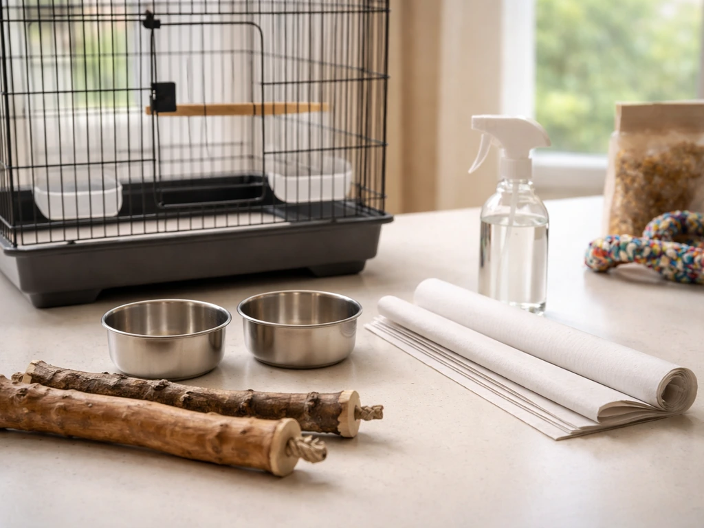 Bird-care supplies neatly laid out on a counter, with some extra items set aside to skip.