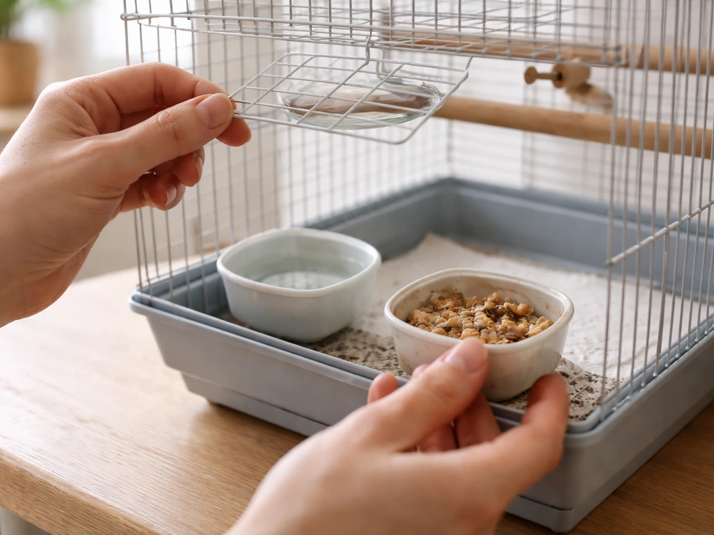 Person opening a small birdcage and refreshing clean water and food while removing old wet food.