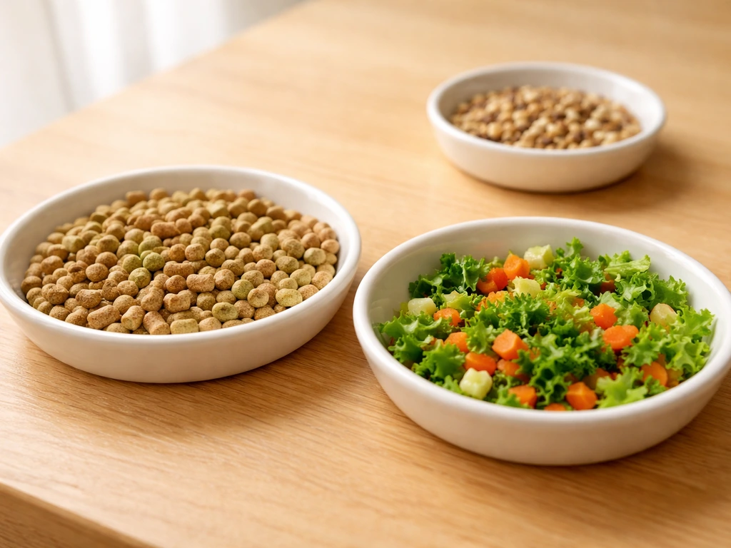 Close-up of colorful pellets and chopped fresh vegetables in dishes, with a small portion of seeds kept to the side.