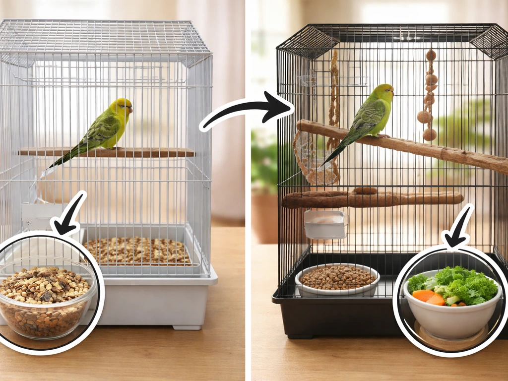 Two-panel collage showing too-small cage with seed-heavy bowl vs proper cage and balanced pellet/veg setup.