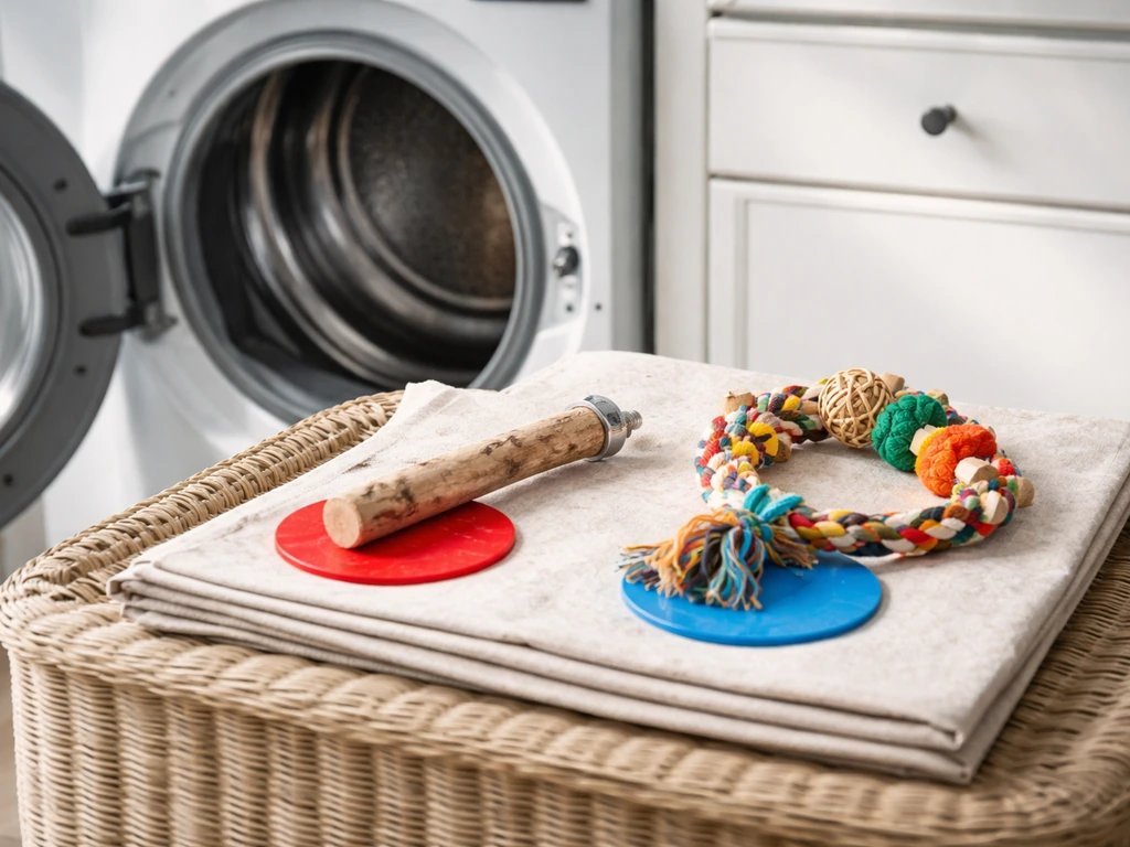 Bird dog gear—rope toy and perch—placed beside a dryer drum with a clear safe-vs-avoid heat cue.