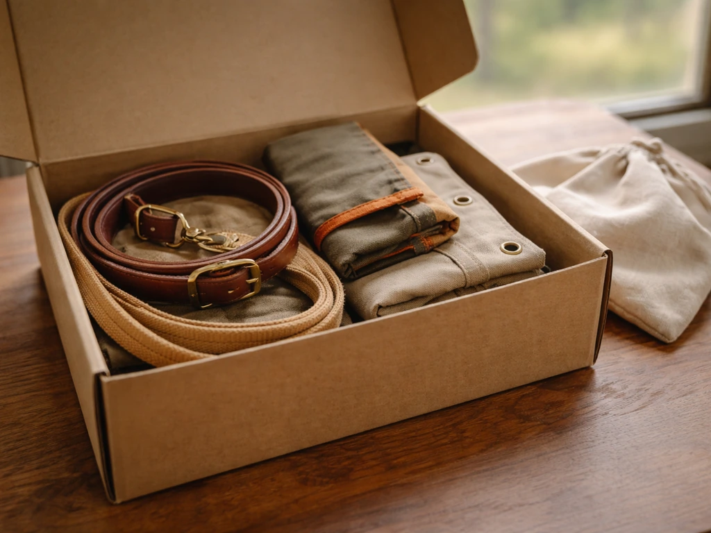 Close-up of hunting dog gear—collar, leash, and canvas accessories on a wooden table.