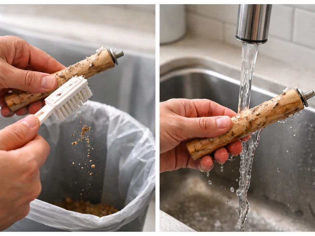 Hands scraping dried bird droppings off a small perch over a trash can, then rinsing it under running water.