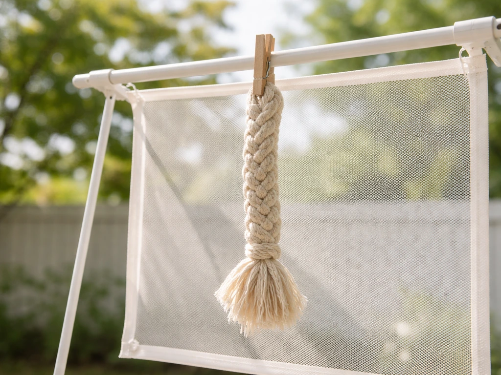 Woven rope toy air-drying on an outdoor mesh rack in bright sunlight, gentle airflow visible