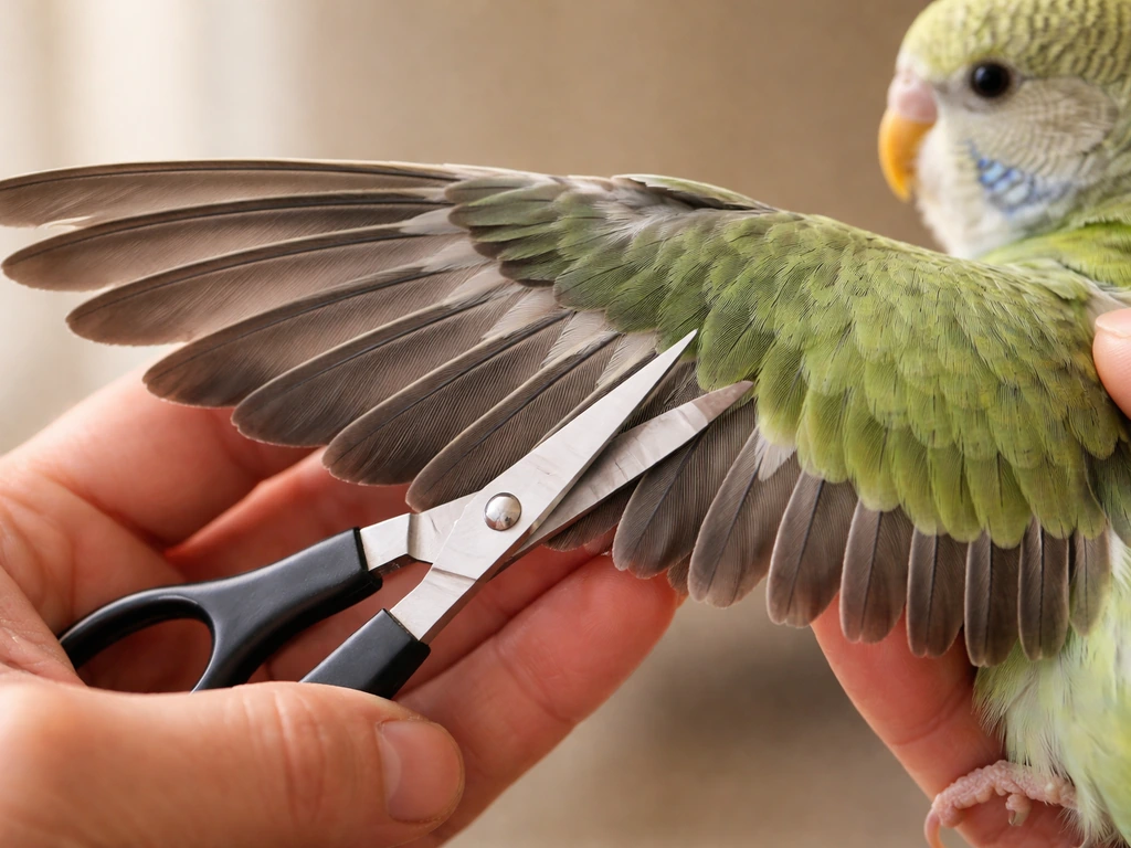 Close-up of a bird with wings gently held while trimming outer flight feathers using small scissors