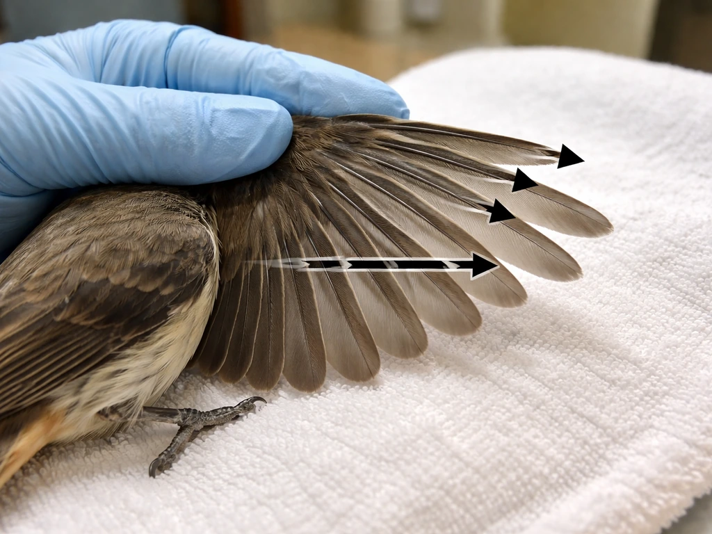 Close-up of a bird wing showing primaries and secondaries, with clear non-text directional arrows for safe clipping.