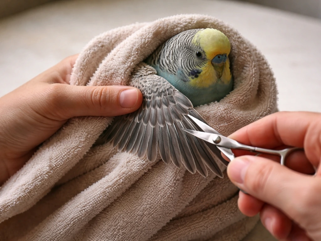 Two anonymous hands steady a towel-wrapped bird wing while trimming primary feathers with small scissors.