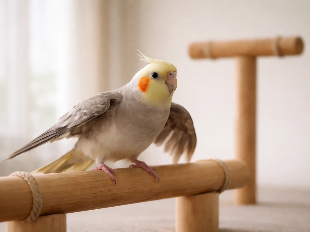 Calm pet bird on a low safe perch after clipping, appearing to attempt a short glide and settle.