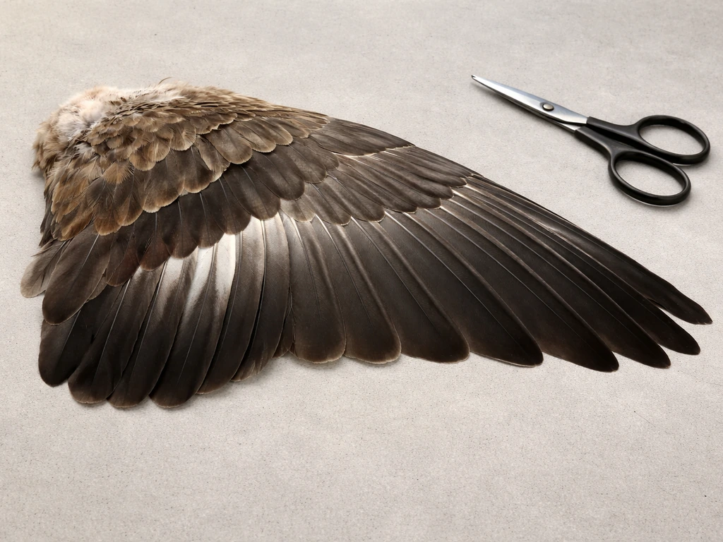 Top-down photo of a laid-out bird wing on a gray surface with scissors nearby, feather rows visible.