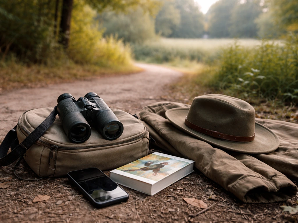 Binoculars, a field guide, and a smartphone in a comfy jacket with a hat, set at a park trail edge.
