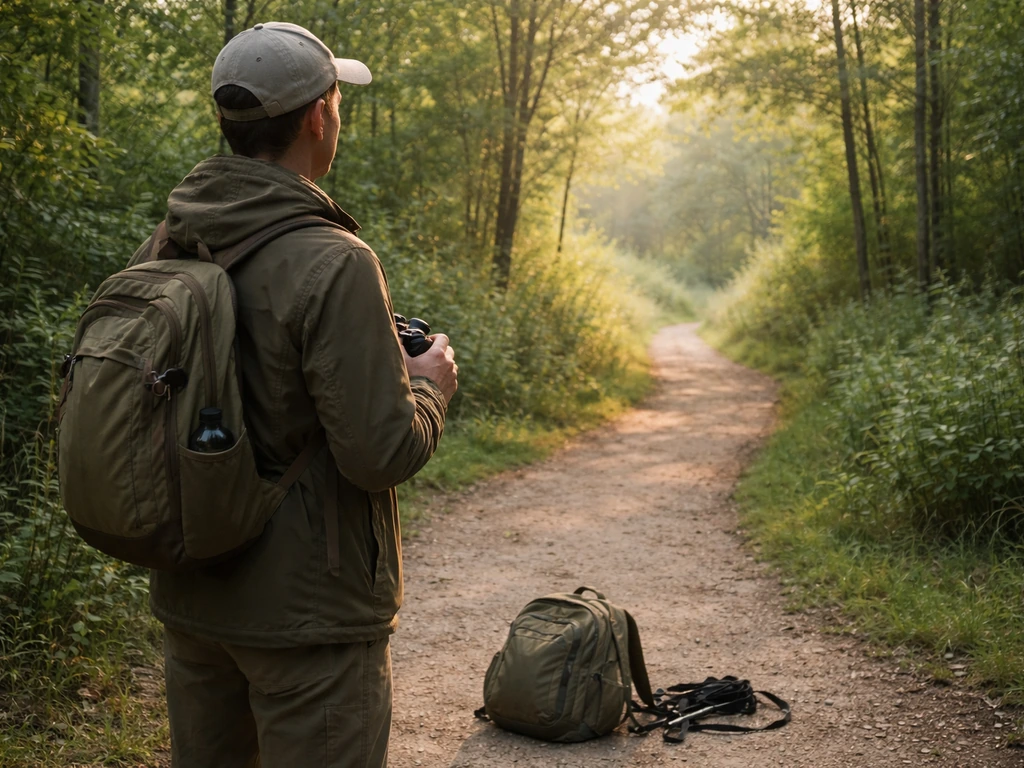 Person with binoculars standing at a park trailhead, preparing to start birdwatching along a path.