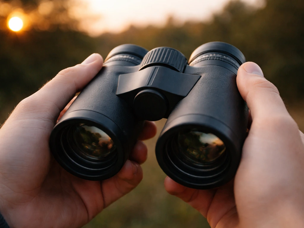 Close-up of hands holding binoculars with focus wheel and front lenses visible outdoors.