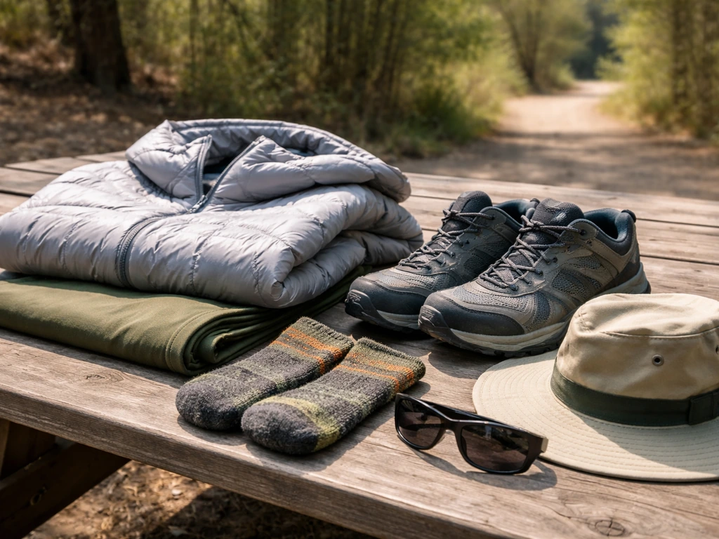 Layered hiking clothes and trail shoes with a hat and sunglasses laid out near a forest trailhead.