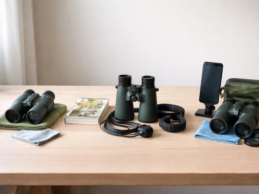 Three side-by-side clusters of binocular and field guide gear on a neutral tabletop for budget tiers.