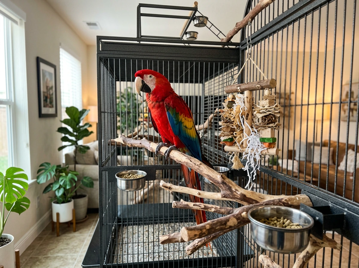 Large parrot perched in a spacious cage setup in a bright living room, showing scale for beginners