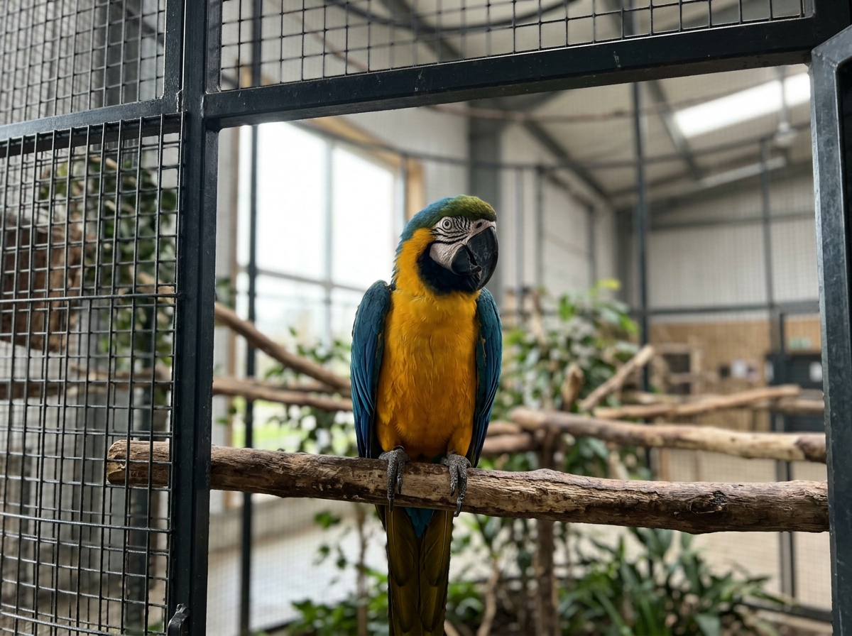Blue-and-gold macaw perched calmly on a large indoor cage, showing what a beginner-friendly “large bird” looks like