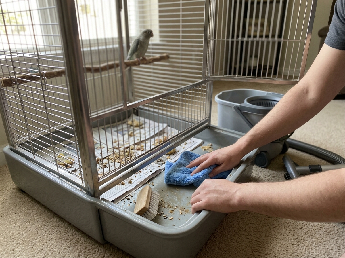 Owner with cleaning tools wiping up bird mess around a large parrot cage base, showing daily reality