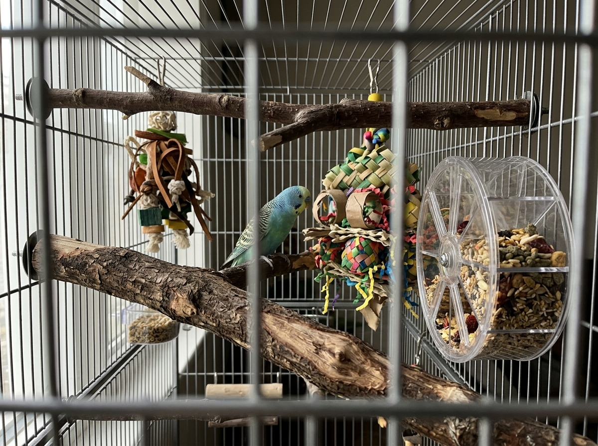 Natural wood perches and foraging/shredding toys arranged inside a large parrot cage