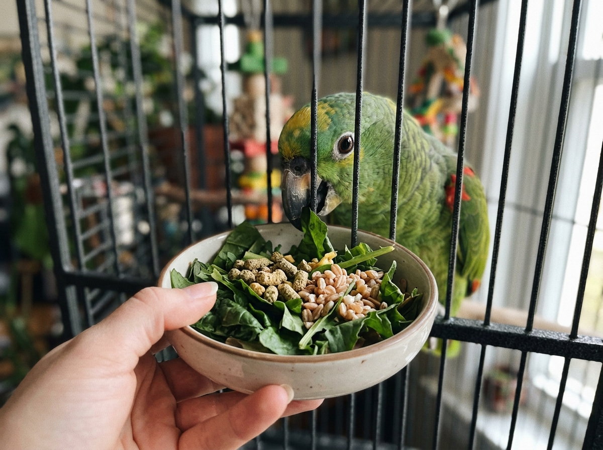 Hand offering a safe fresh-food bowl (vegetables/grains) to a large parrot during feeding time