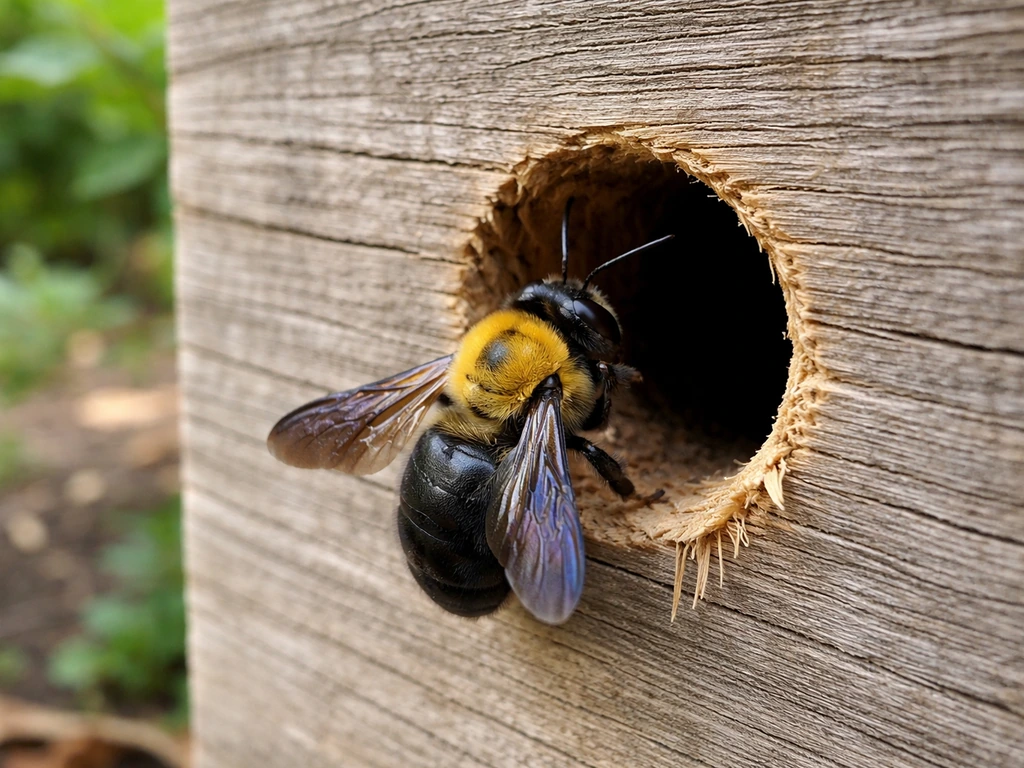Carpenter bee at a circular entrance hole in weathered wood, close-up with natural outdoor context.