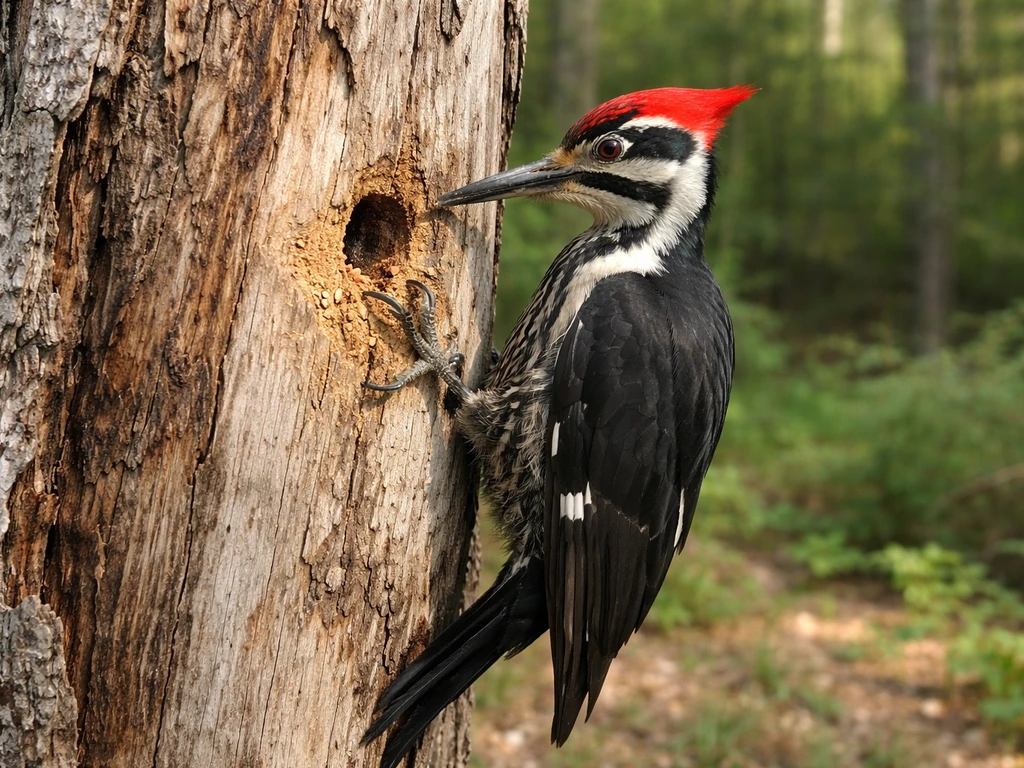 A pileated woodpecker at a hollow tree entrance where carpenter bees nest