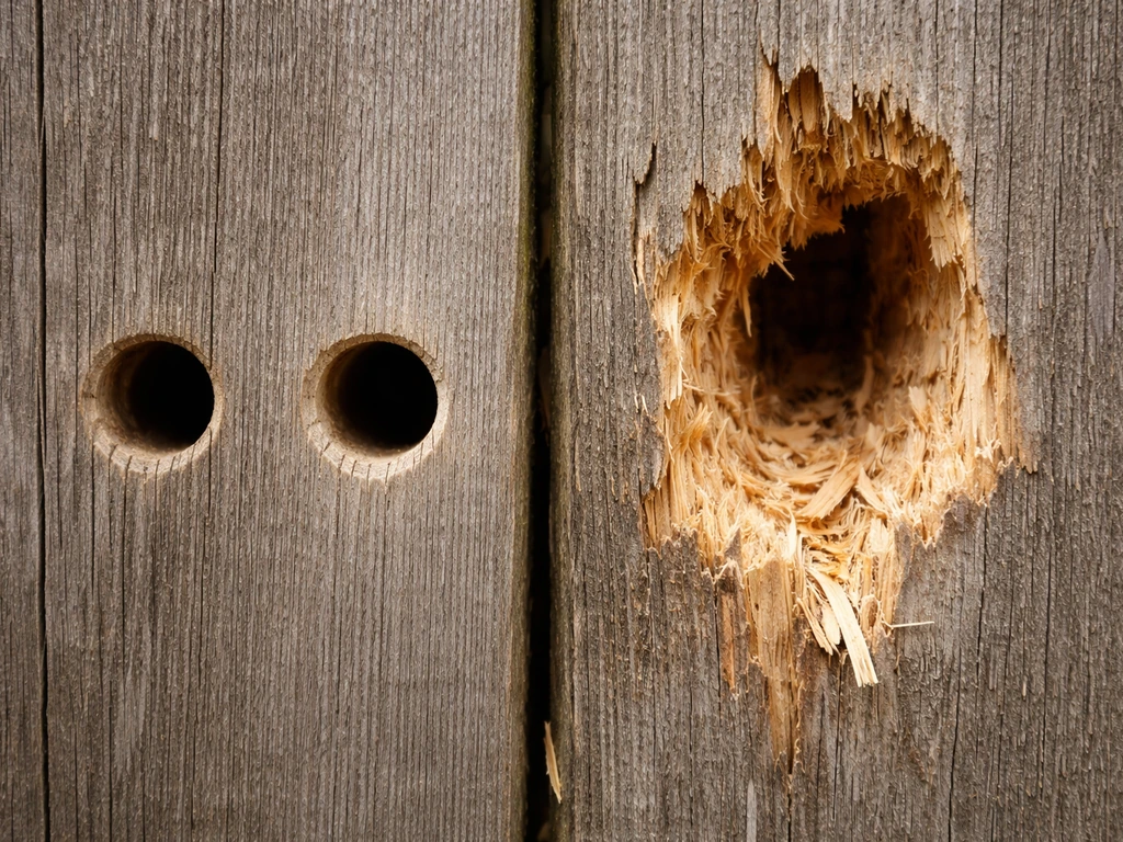 Close-up of round clean carpenter bee holes beside ragged bird woodpecker excavation on wood.