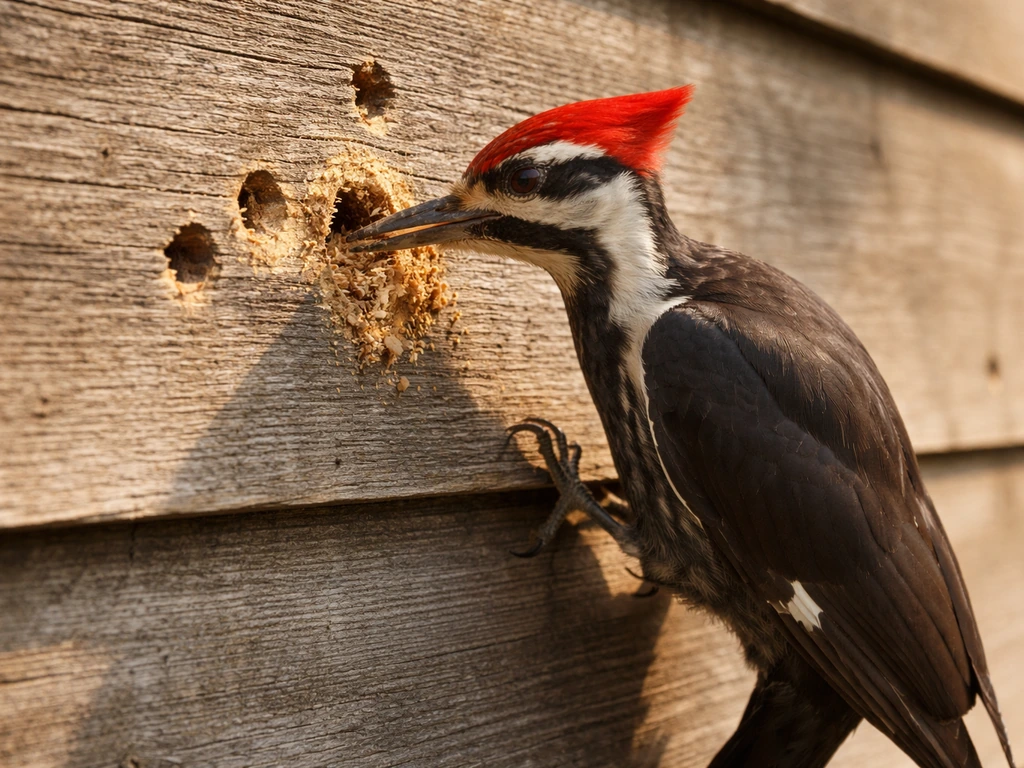 A pileated woodpecker pecks repeatedly at the same carpenter bee hole in wooden siding.
