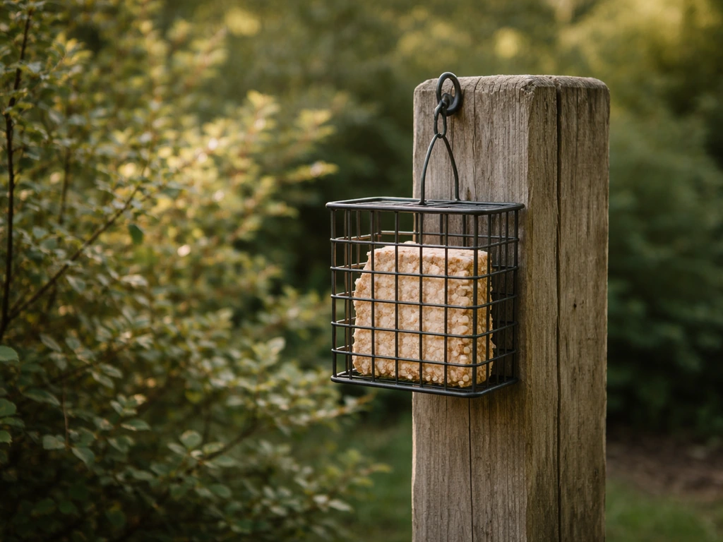 Cage-style suet feeder on a wooden post near native plants, inviting insect-eating birds.