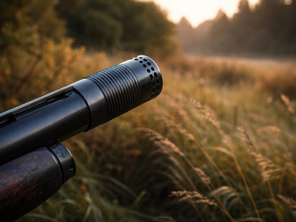 Shotgun muzzle with a choke tube installed, aimed toward bird-hunting cover in natural field light.