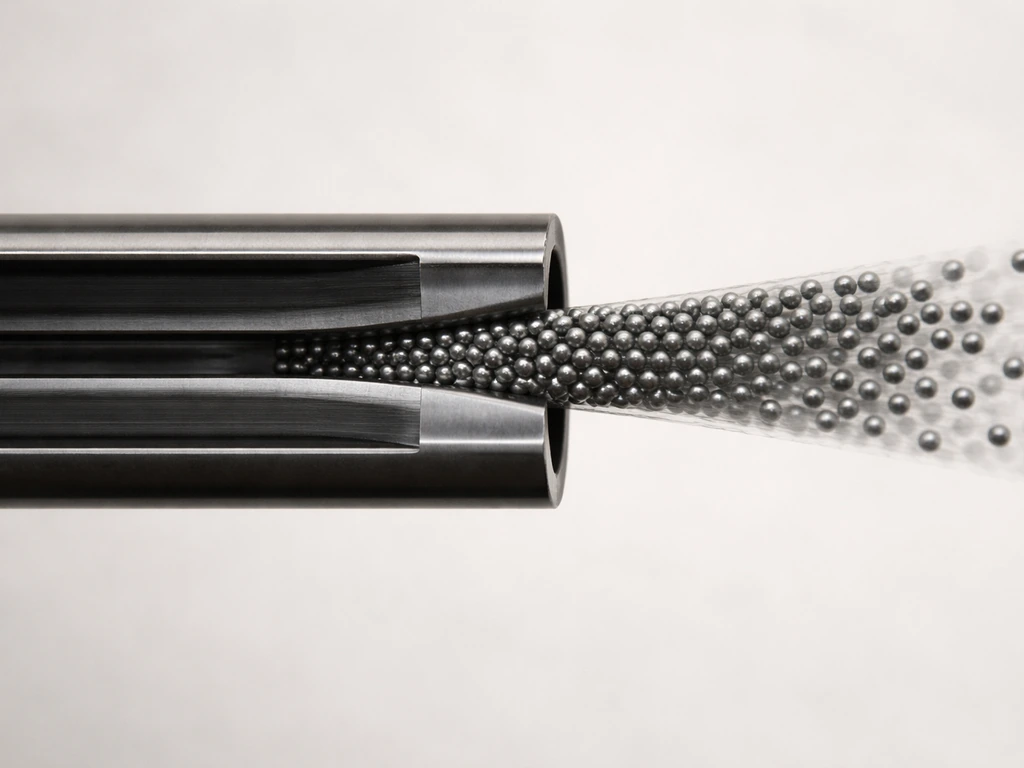 Shotgun muzzle cross-section showing choke constriction and tighter vs wider pellet spread at exit.