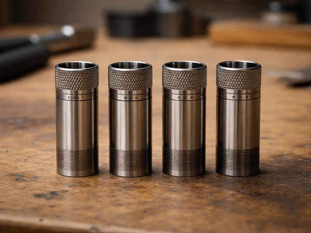 Choke tube assortment on a workbench with distinct constriction types, shown with clear markings